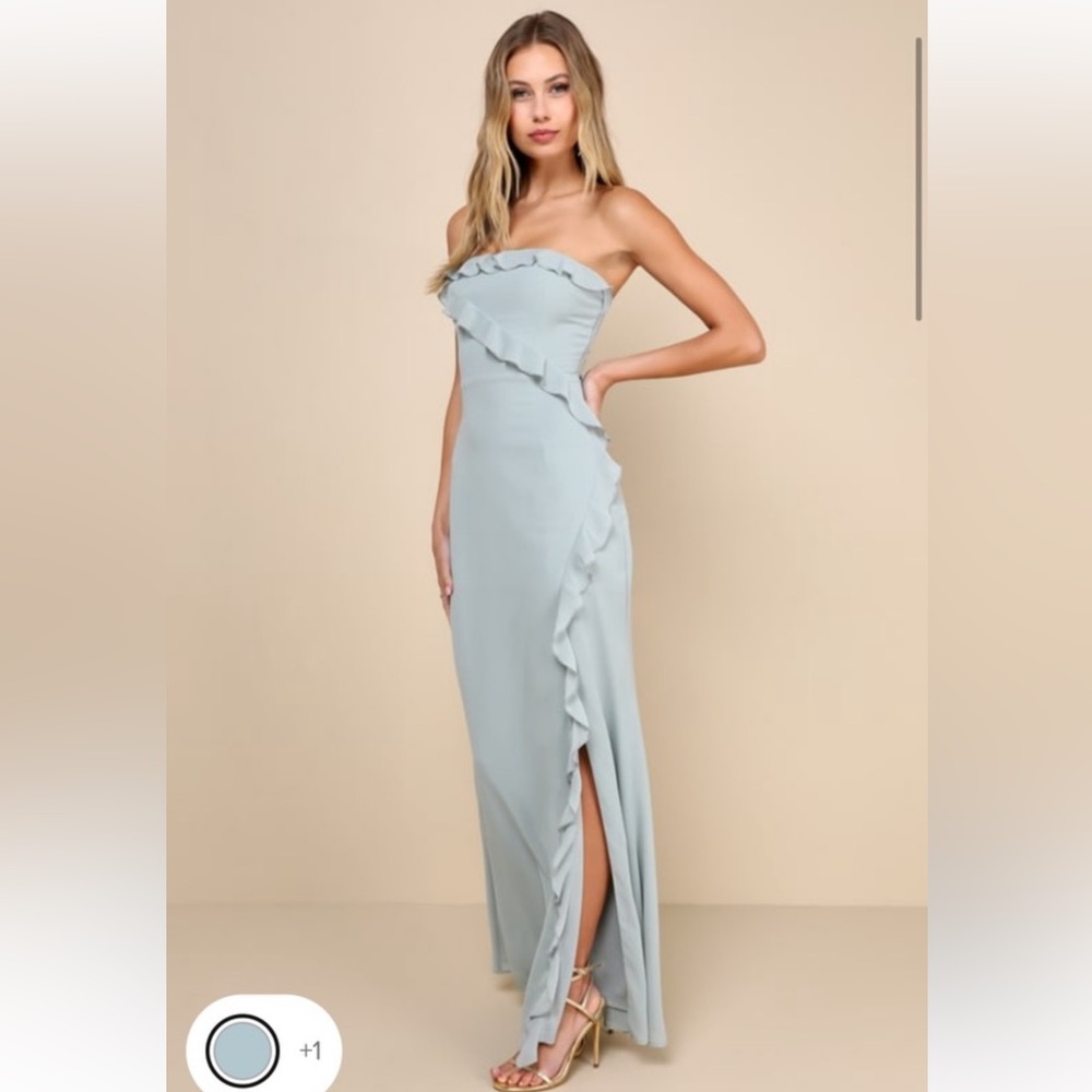Lulus Excellent Sensation Sage Green Strapless Ruffled Maxi dress